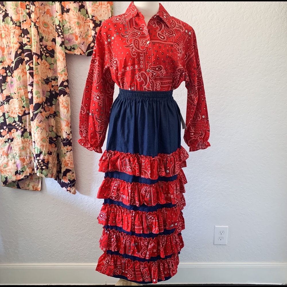 SKIRT ONLY! RETRO Ruffled Bandana MAXI Skirt Sz S/M  NWTs Boho Festivals Western